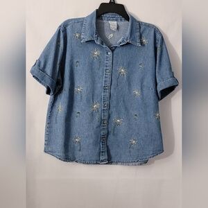 Cascade Blues Woman Vintage Denim Top with Embroidery Size 1X